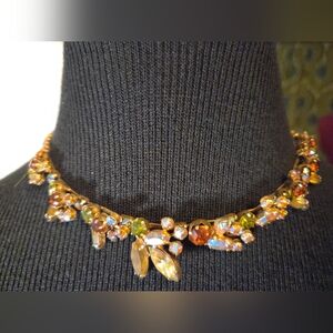 Antique Multicolor Rhinestone Necklace – Statement Jewel Tones, Hook Clasp